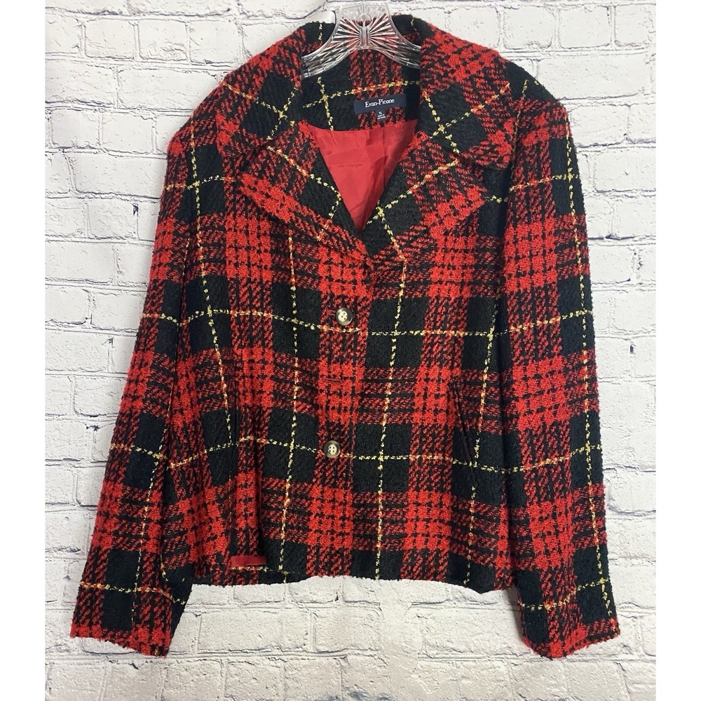 Evan Picone Womens XL‎ Plaid Red Black Jacket Christmas Career Clueless